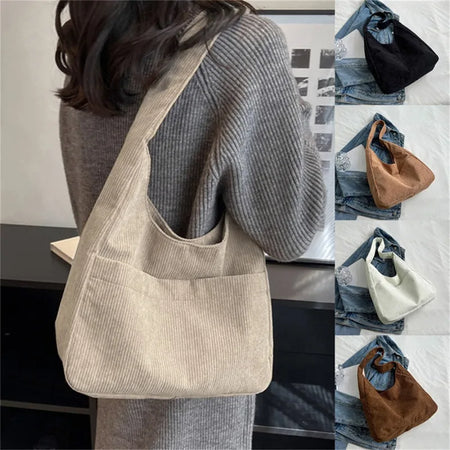 Bolsa de ombro feminina veludo, bolsa com vários bolsos, bolsa de lazer, compradora estilo faculdade, grande capacidade